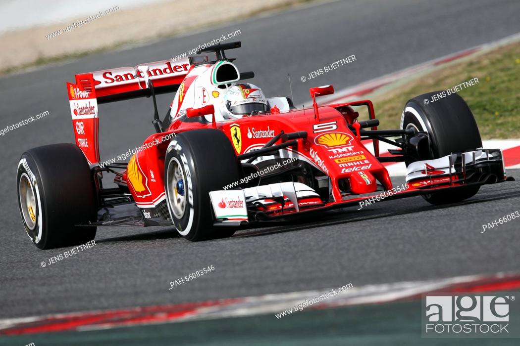 Stock Photo: German Formula One driver Sebastian Vettel of Scuderia Ferrari steers the new car SF16-H during a training session for the upcoming Formula One season at the.