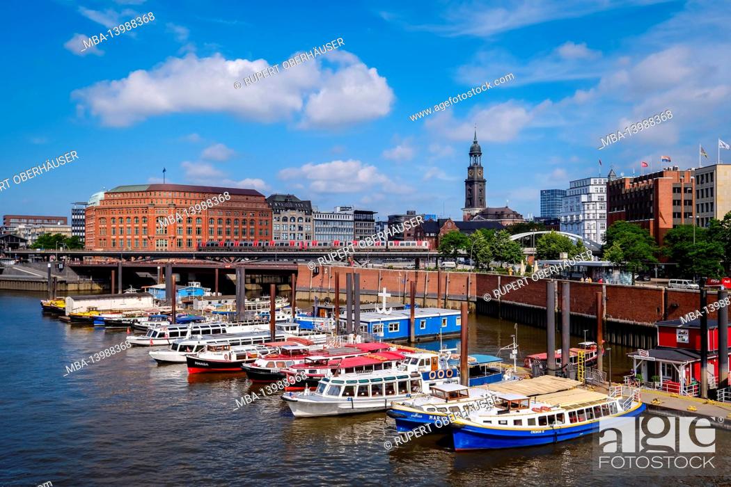 Stock Photo: Hamburg, Germany - City view at the inner harbor towards the old town with the main church St. Michaelis.