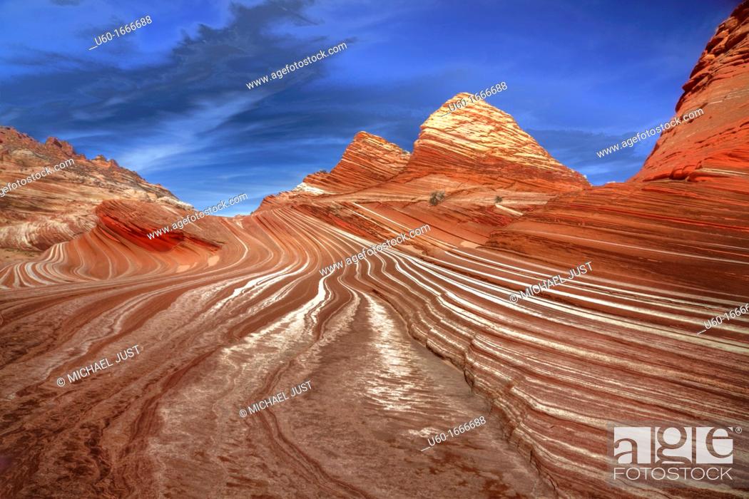 Stock Photo: Parallel lines in the slickrock make up the landscape at The Wave 2 at Coyote Buttes North at the Vermillion Cliffs National Monument in Arizona.