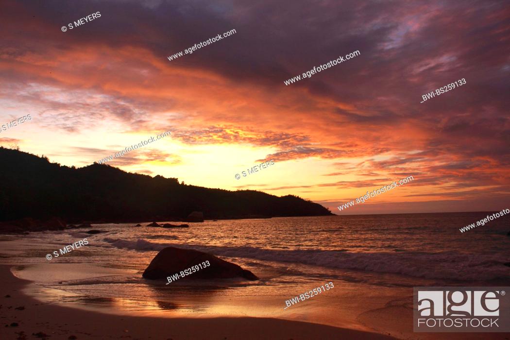 Stock Photo: sunset at Anse Lazio, Seychelles, Praslin.