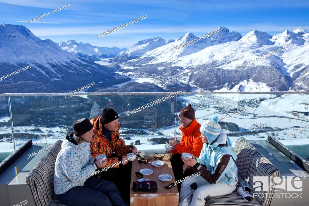 Stock Photo: Mountain, mountains, restaurant, terrace, winter, snow, canton, Graubünden, Grisons, Switzerland, Europe, Engadin, Engadine, Upper Engadine, Muottas Muragl.