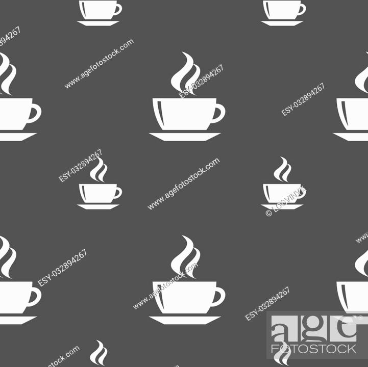 Stock Vector: tea, coffee icon sign. Seamless pattern on a gray background. Vector illustration.