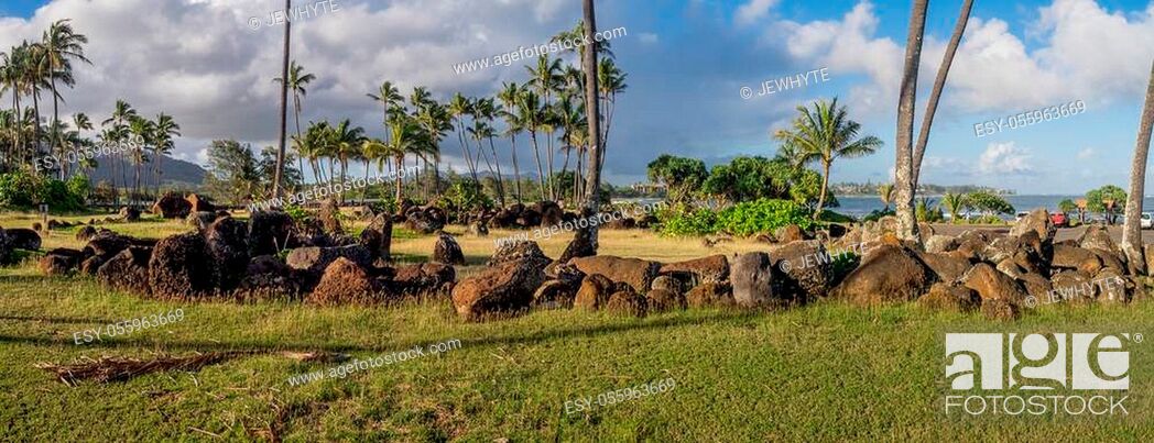Stock Photo: Ancient Hawaiian temple, or Heiau, located on the eastern shore of Kauai close to the the mouth of the Wailua River.
