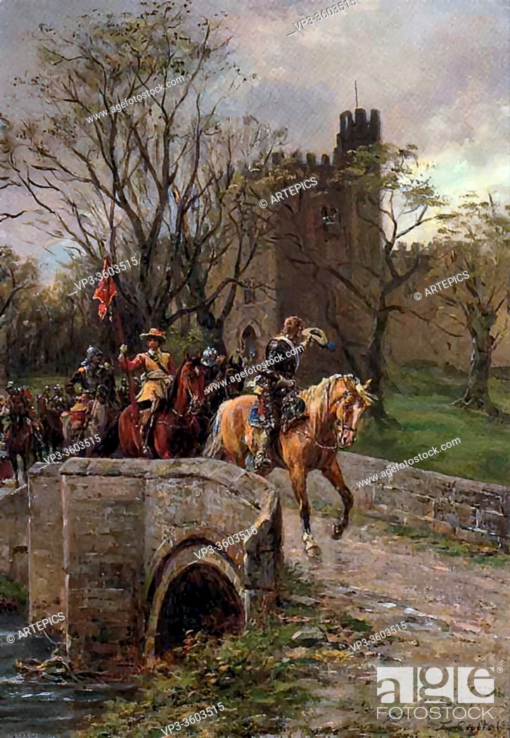Stock Photo: Crofts Ernest - Cromwellian Soldiers Leaving Warwick Castle - British School - 19th Century.