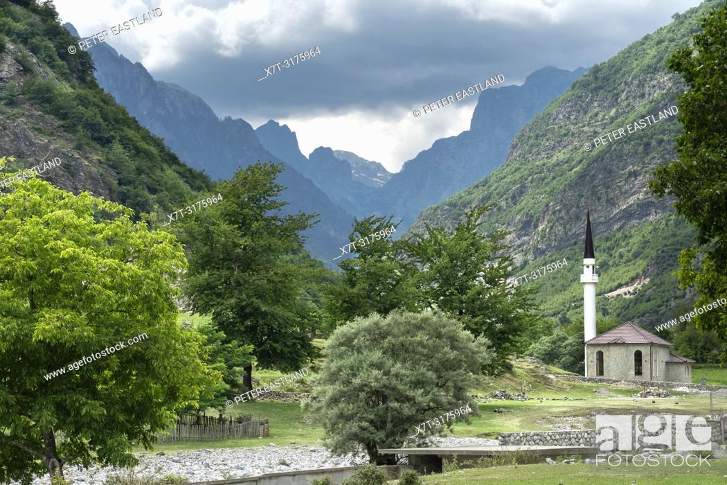 Stock Photo: A village mosque at Dragobi in the Valbona River Valley, part of the Valbona National Park, in North eastern Albania, .