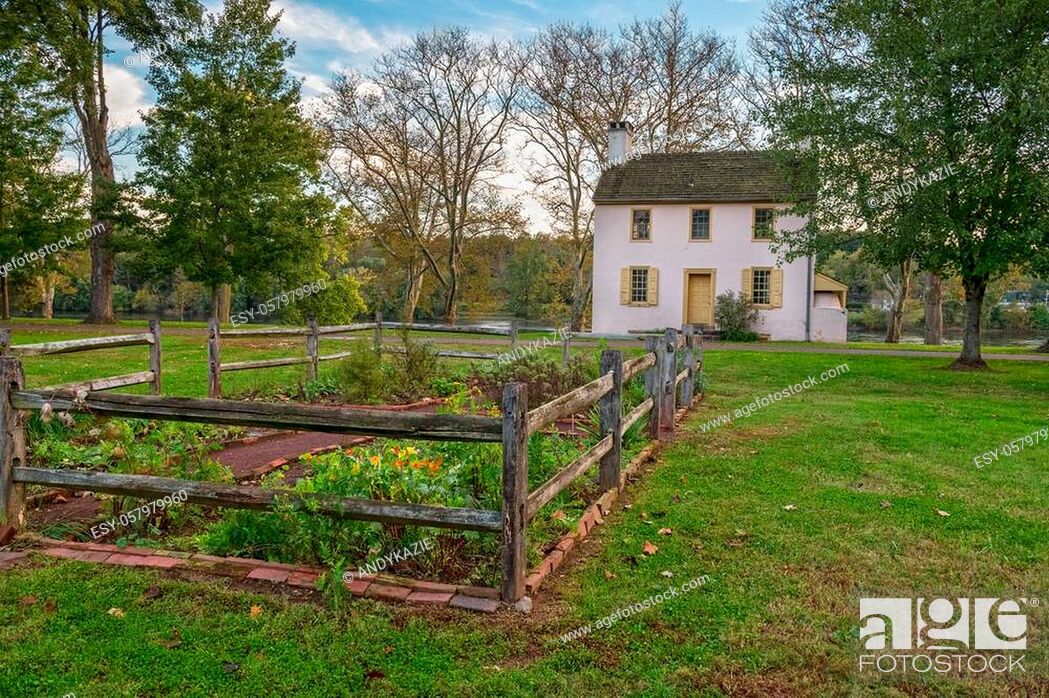 Stock Photo: Historic colonial home and garden in Washington Crossing Park in Bucks County Pennsylvania.