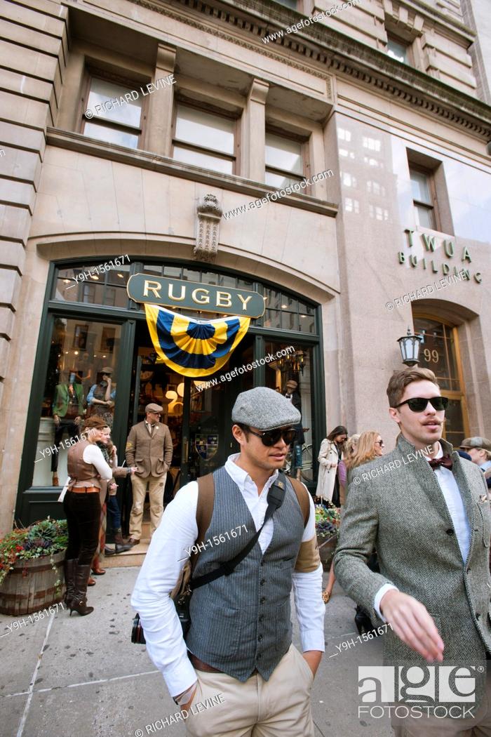Stock Photo: Bicyclists dress in traditional British cycling outfits to participate in the Tweed Run in New York originating at the Ralph Lauren Rugby store in Greenwich.
