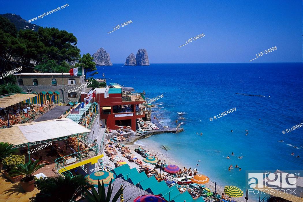 Stock Photo: View at people on the beach under blue sky, Bagni Internazionali, Marina Piccola, Capri, Italy, Europe.