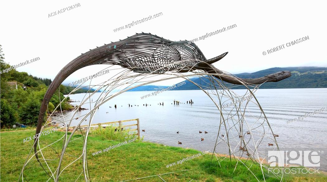 Wire sculpture of Nessie, the Loch Ness Monster, behind the Dores Inn ...