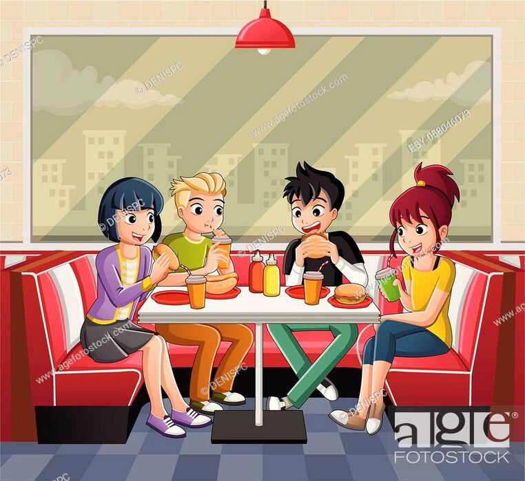 Group of cartoon teenagers eating junk food at diner table, Stock Vector,  Vector And Low Budget Royalty Free Image. Pic. ESY-058046073 | agefotostock