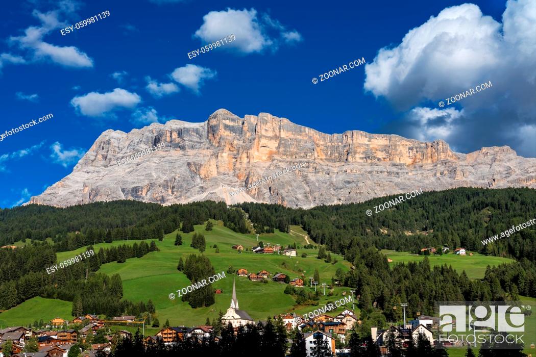 Stock Photo: Western face of Sasso di Santa Croce in eastern Dolomites, overlooking Badia valley, the vertical wall of 900 meters , South Tyrol, Italy.