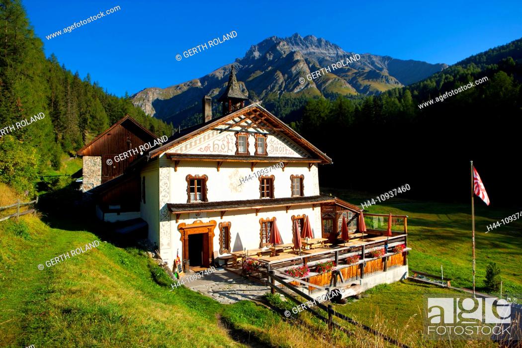Stock Photo: farm, hof, Zuort, Switzerland, Europe, canton, Graubünden, Grisons, Engadin, Engadine, Val Sinestra, inn, restaurant.