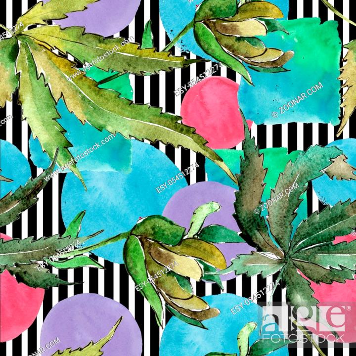 Stock Photo: Green cannabis leaves in a watercolor style. Seamless background pattern. Fabric wallpaper print texture. Aquarelle leaf for background, texture.