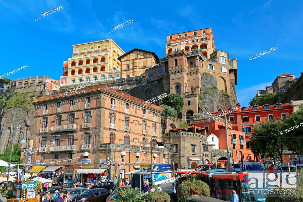 Stock Photo: SORRENTO, ITALY - JUNE 26, 2014: Small Town Sorrento at Cliff View From Port, Italy.