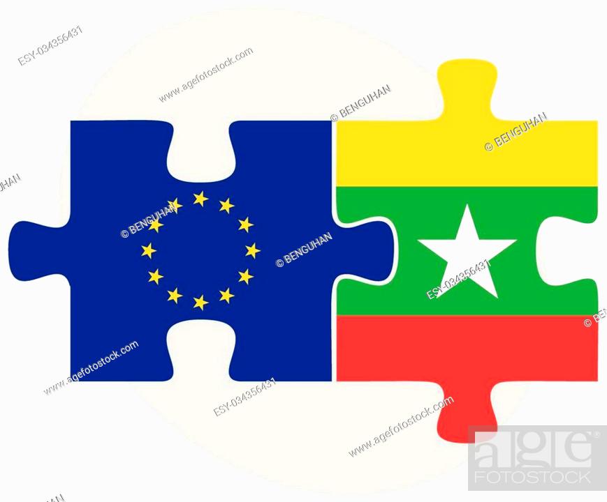 Stock Vector: European Union and Myanmar Flags in puzzle isolated on white background.