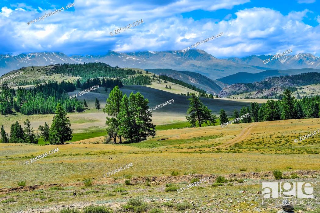 Stock Photo: North-Chuya ridge or Severo-Chuiskii range - chain of mountains in Altai republic, Russia - summer mountain landscape with Chuya steppe at foreground and.