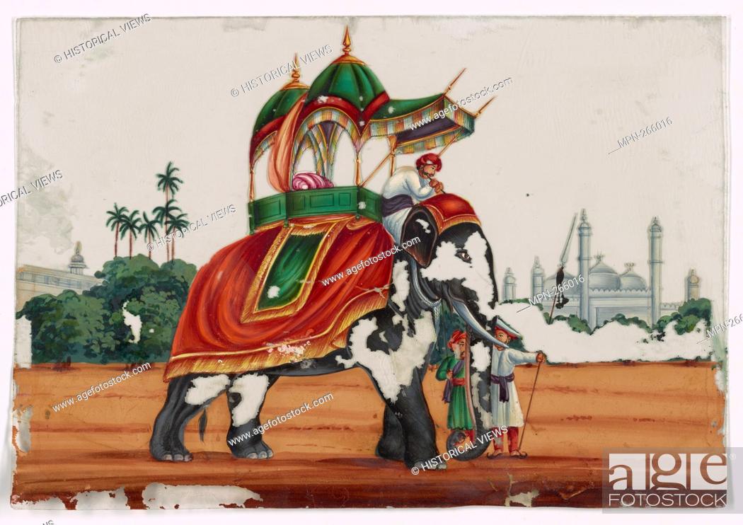 Imagen: Elephant with caparison and howdah. Mahout in white robe and attendants, buildings in the background. Indian coloured drawings: a collection of 177 original.