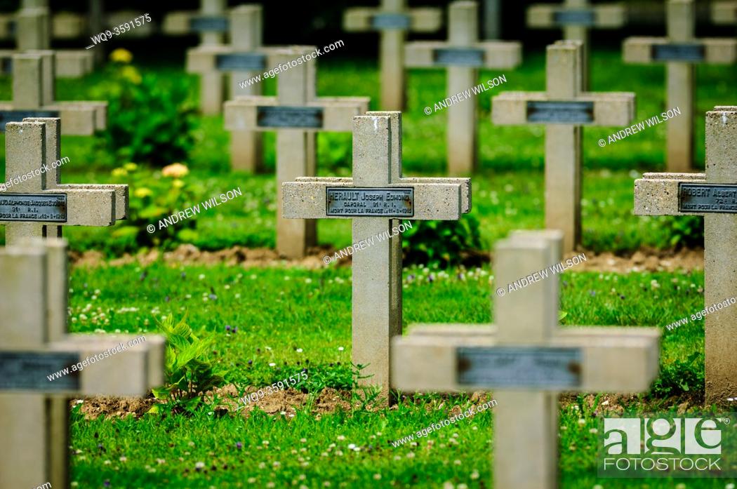 Stock Photo: French WW1 Military Cemetary at Lachalade in a forest near Verdun, France.