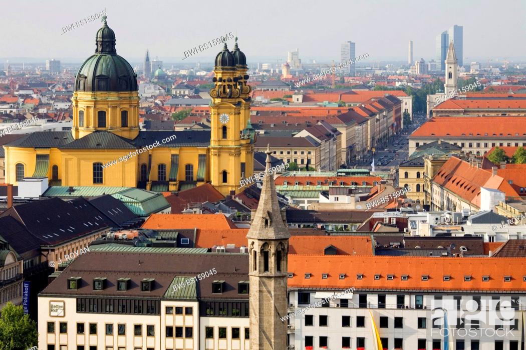 Stock Photo: View of the Theatinerkirche and the city of Munich from the Alter Peter tower, Germany, Muenchen.