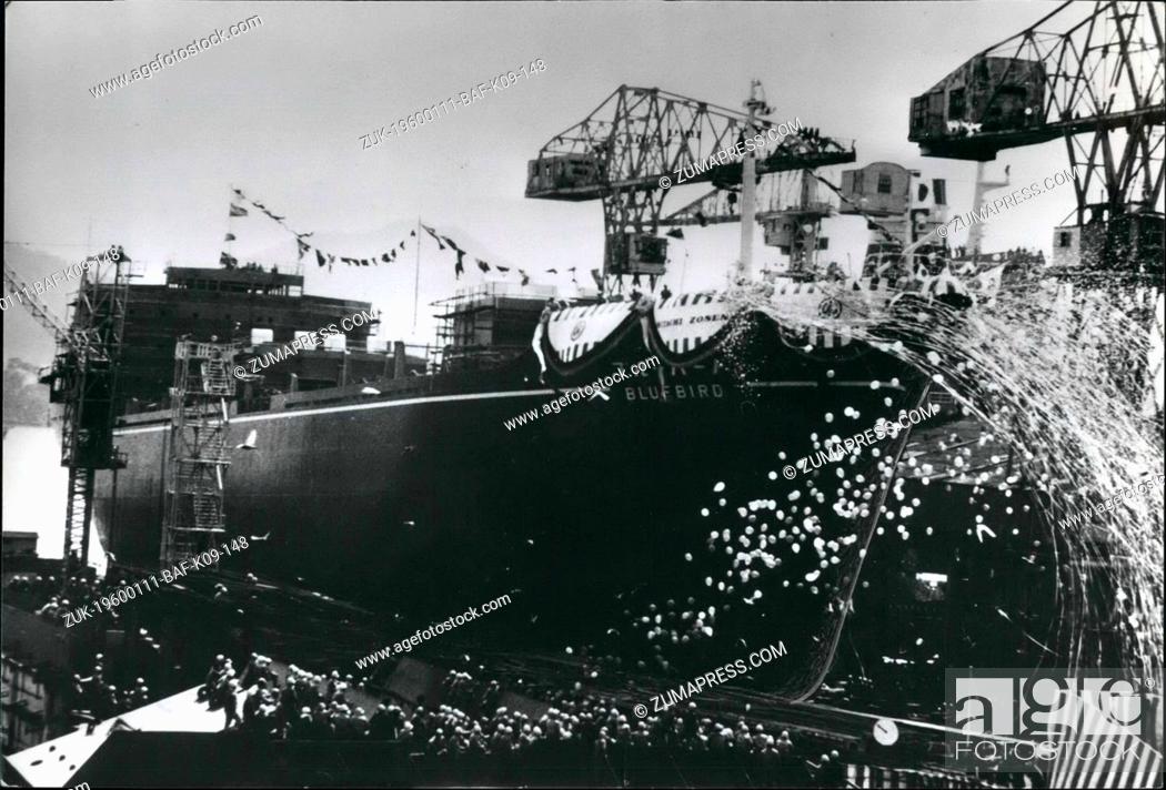 Stock Photo: 1968 - Ship to carry 1, 200 cars launched.: The auto carrier Bluebird is shown being launched at the Innoshima shipyard of Hitachi Shipbuilding Co.