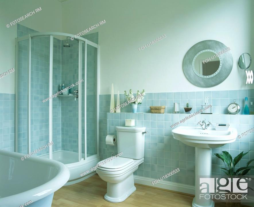 Shower Cabinet In Corner Of Bathroom With Pastel Blue Wall Tiles Stock Photo Picture And Rights Managed Image Pic Foh U18300533 Agefotostock - How To Tile Bathroom Wall Corners