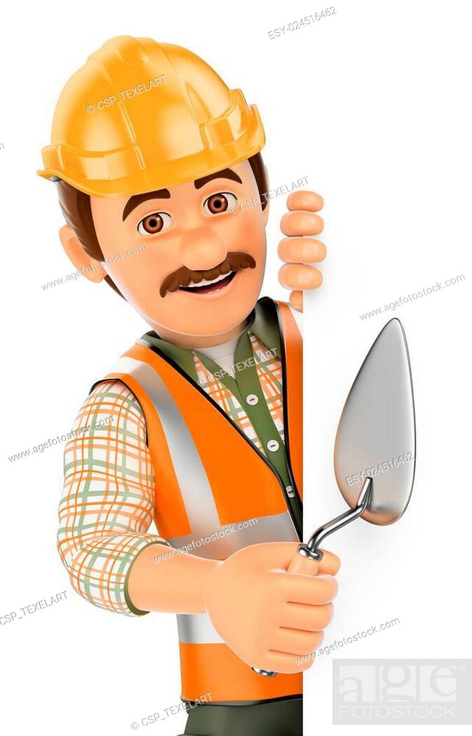 Stock Photo: 3D Construction worker with trowel pointing aside. Blank space.