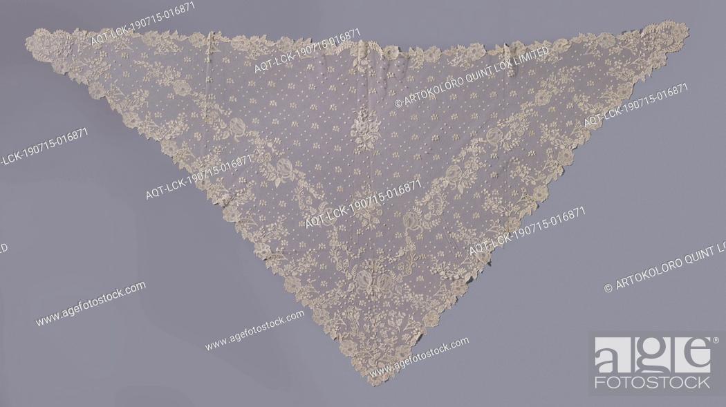 Stock Photo: Triangular scarf on application lace with rose branch and tulip, scarf on natural colored lace, needle lace appliqué on machine tulle.