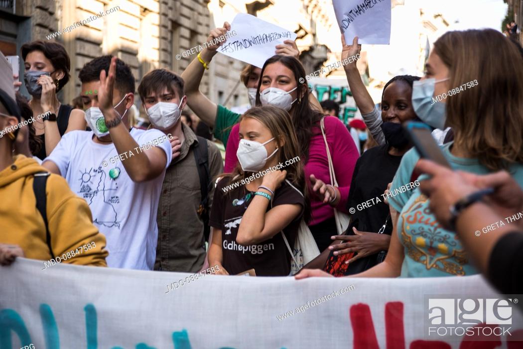 Stock Photo: Fridays for future, the demonstration and parade with final speech in Milan with Greta Thunberg and Vanessa Nakate. Milan (Italy), 1 October 2021.