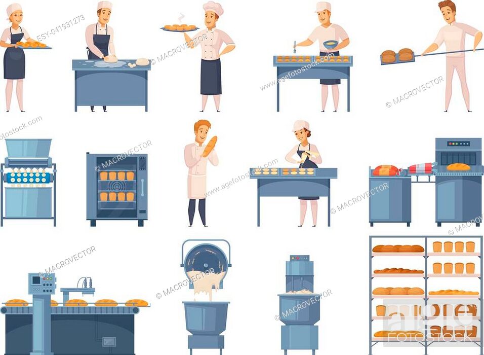 Bakery set of cartoon icons with factory workers, industrial equipment,  Stock Vector, Vector And Low Budget Royalty Free Image. Pic. ESY-041931273  | agefotostock