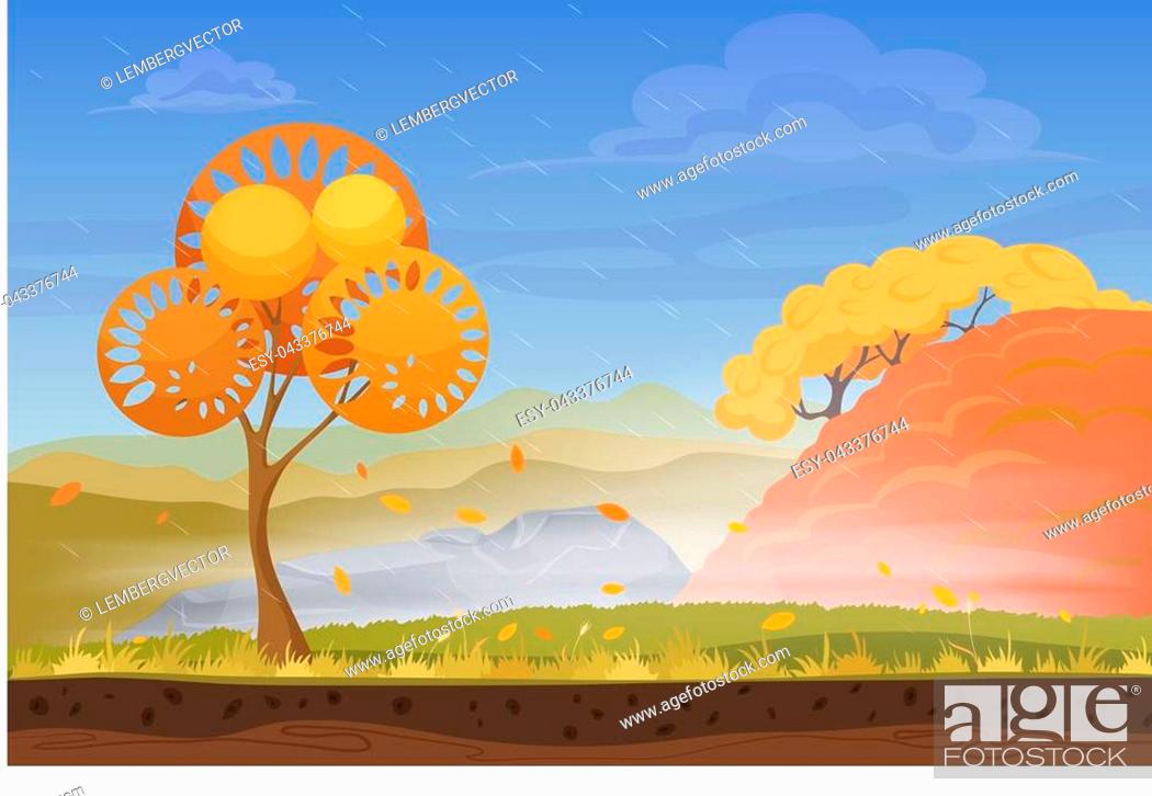 Cartoon nature autumn landscape in storm rain wind cold day with grass,  trees, Stock Vector, Vector And Low Budget Royalty Free Image. Pic.  ESY-043376744 | agefotostock