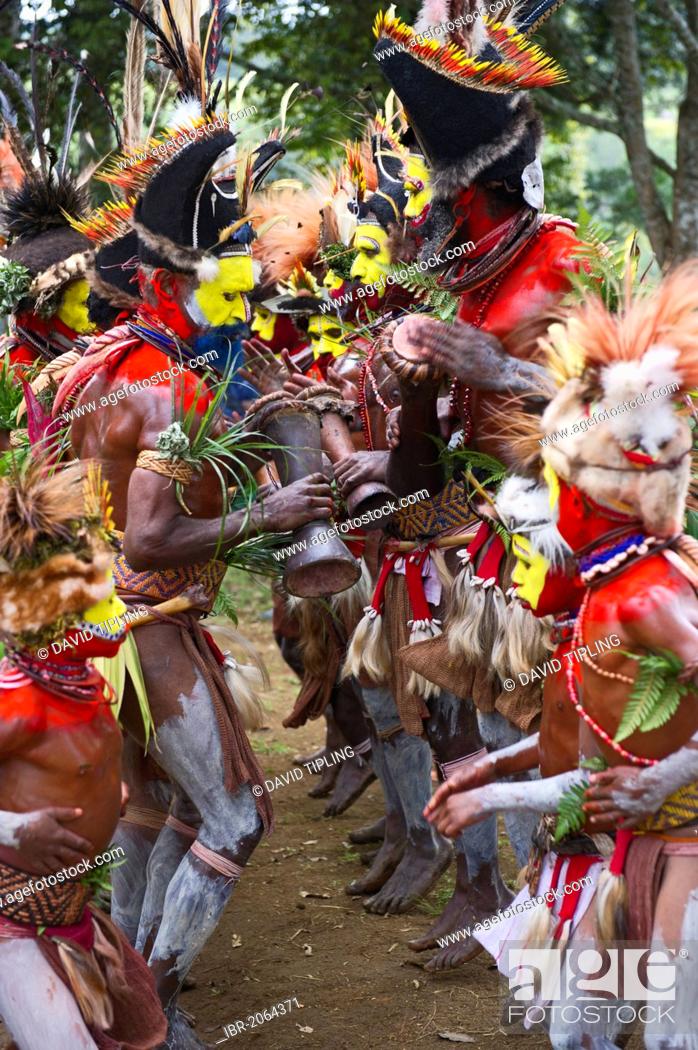 Stock Photo: Huli Wigmen from the Tari Valley in the Southern Highlands, wearing bird of paradise feathers and plumes, at a Sing-sing, Mt Hagen, Papua New Guinea, Oceania.