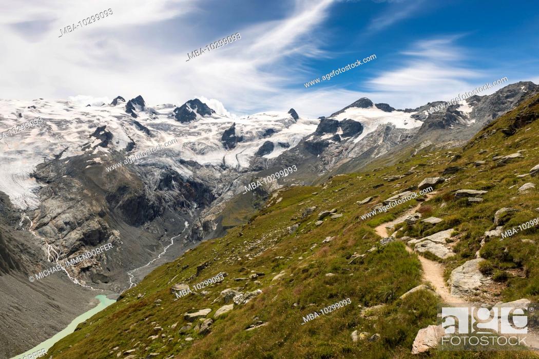 Stock Photo: Switzerland, Graubünden, Engadin, Oberengadin, Bernina, Rosegtal with Sella group, Roseg glacier and Coaz hut.