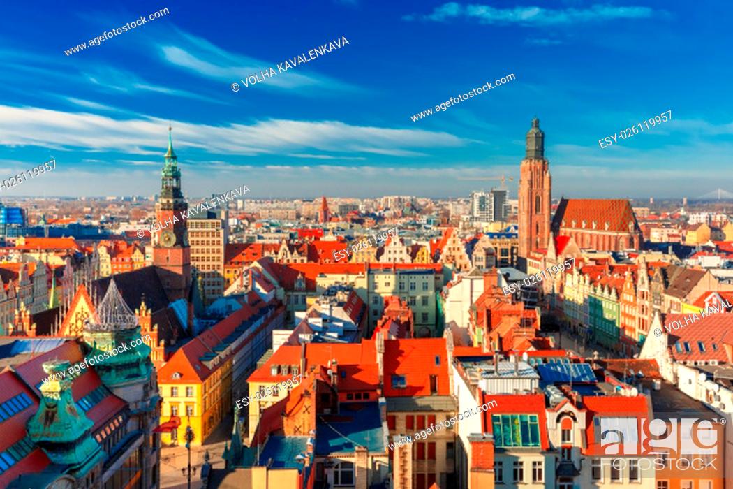 Stock Photo: Aerial view of Stare Miasto with Market Square, Old Town Hall and St. Elizabeth&#39;s Church from St. Mary Magdalene Church in Wroclaw, Poland.