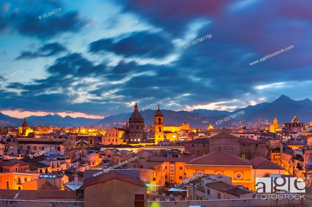Stock Photo: Aerial view of Palermo with Church of the Gesu, Carmine church and Palermo cathedral at sunset, Sicily, Italy.