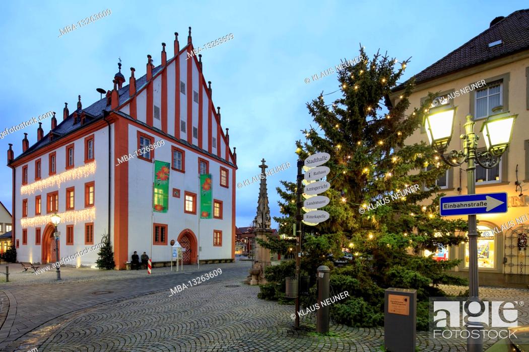 Stock Photo: Old town hall, illuminated, Advent, house facade, Haßfurt, Franconia, Bavaria, Germany, Europe,.