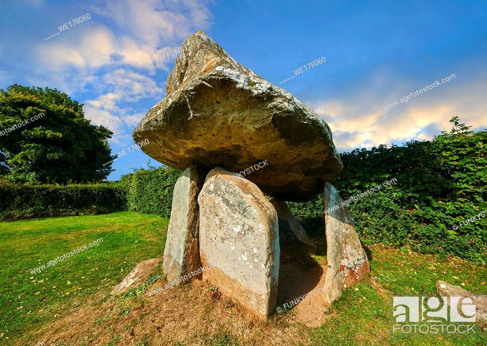 Stock Photo: Carreg Coetan Quoit is a megalithic burial dolmen from the Neolithic period, circa 3000 BC, near Newport, North Pembrokeshire, Wales.
