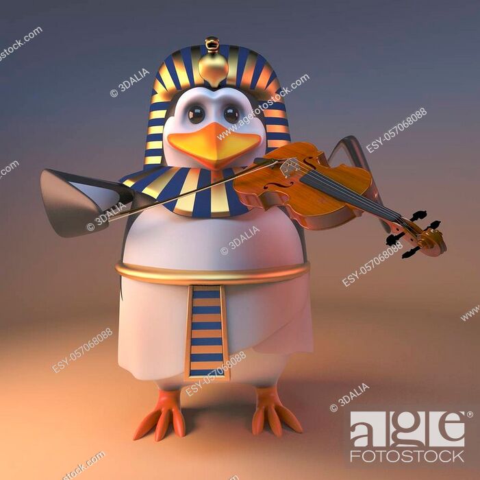 Stock Photo: Musical pharaoh penguin Tutankhamun playing music on a violin, 3d illustration render.