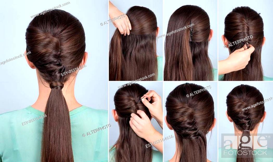 simple hairstyle ponytail with twist hair tutorial step by step, Stock  Photo, Picture And Low Budget Royalty Free Image. Pic. ESY-053164656 |  agefotostock