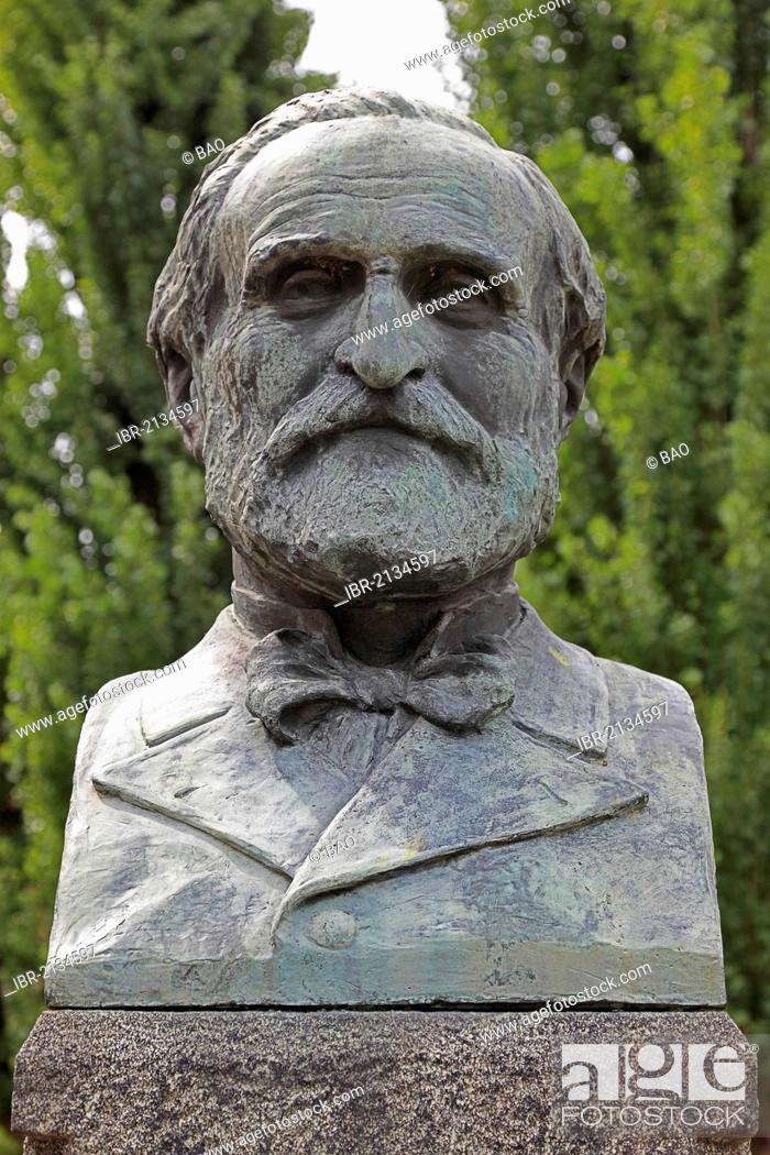 Stock Photo: Verdi bust in front of his birth house in Rancole Verdi, Emilia Romagna, Italy, Europe.