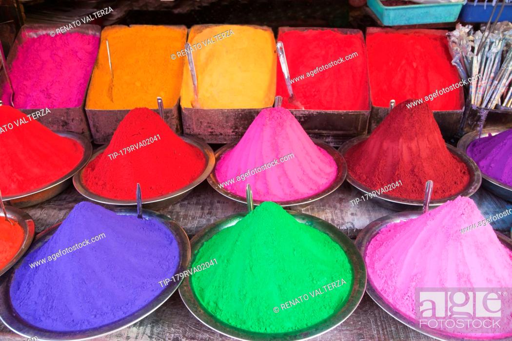 Stock Photo: India, Karnataka, Mysore, coloured kumkum powder for sale in Devaraja market.