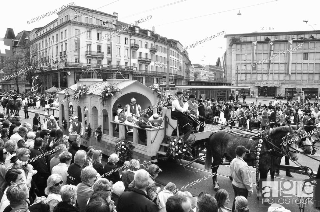 Stock Photo: Zürich-City: The ""Sechseläuten""-Parade at Bahnhofstrasse and Paradeplatz attracts masses of peoples.