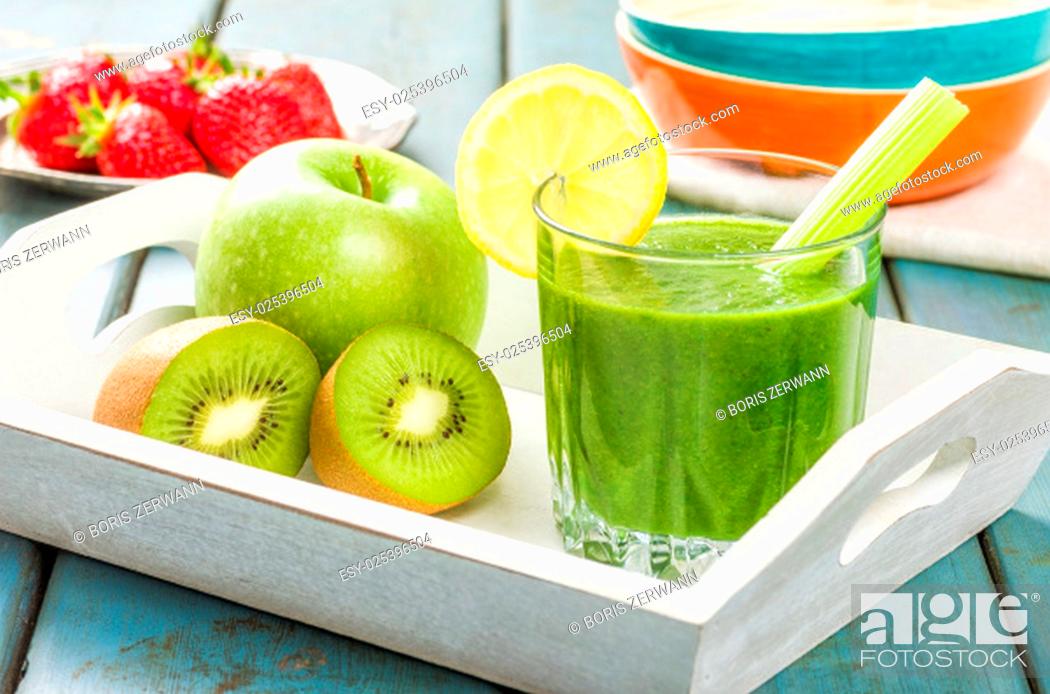 Stock Photo: green smoothie with fresh fruit.