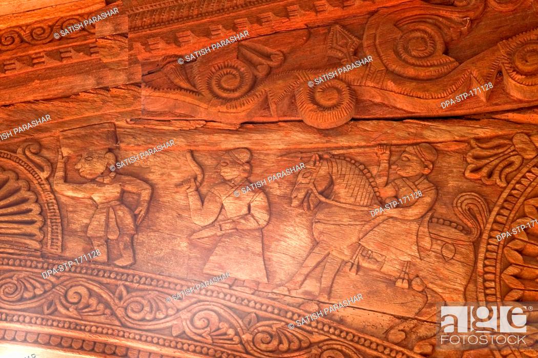 Stock Photo: Wooden carving on someshwar temple at Rajwadi , Sangmeshwar , Ratnagiri , Maharashtra , India.