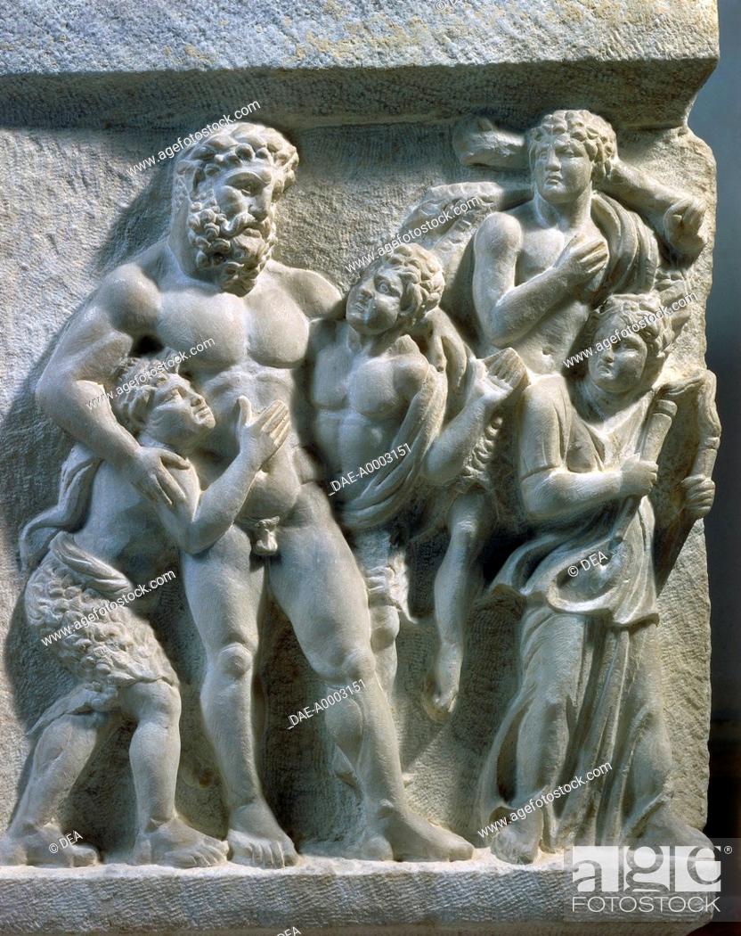 Stock Photo: Roman civilization. Marble sarcophagus with relief depicting the life of Ariadne at Naxos. From Alexandria. Detail: Hercules drunk, supported by two fauns.