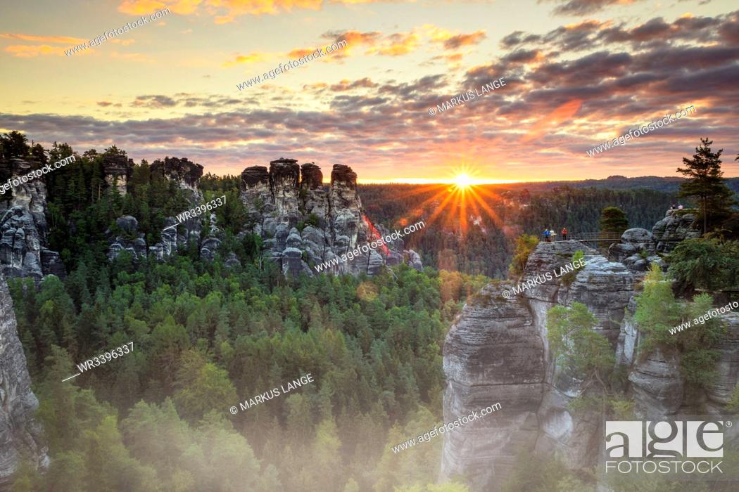 Stock Photo: Bastei Rocks at sunrise, Elbsandstein Mountains, Saxony Switzerland National Park, Saxony, Germany, Europe.