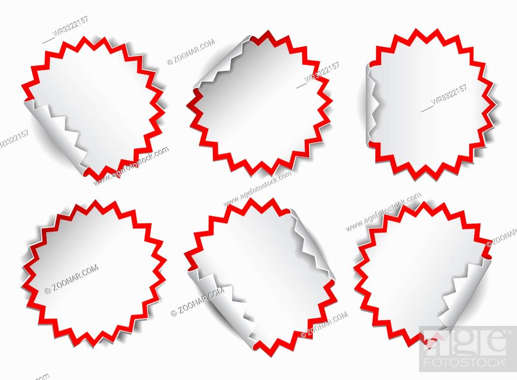 Stock Photo: Set of white round promotional stickers with red frames. Vector illustration.
