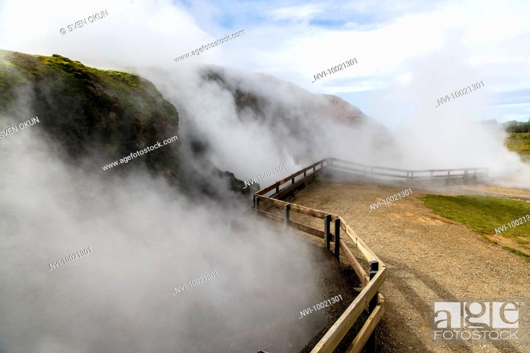 Stock Photo: Deildartunguhver, hot springs in the valley Reykholtsdalur, Iceland.