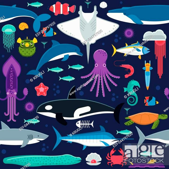 Sea life pattern with different marine animals. Underwater creatures vector  seamless background with..., Stock Vector, Vector And Low Budget Royalty  Free Image. Pic. ESY-044797920 | agefotostock