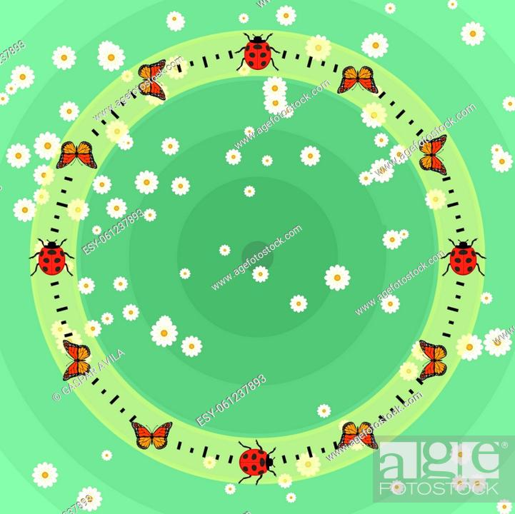 Stock Vector: Hoop drawing with butterflies and ladybugs with daisies on green background.