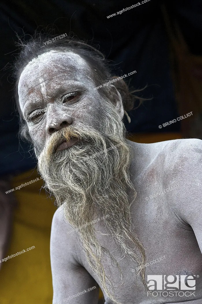 Photo de stock: Naga baba the body coated with the ashes of the sacred fire for a purification on the ghats in benares, awaiting the shivaratri. UP, india.